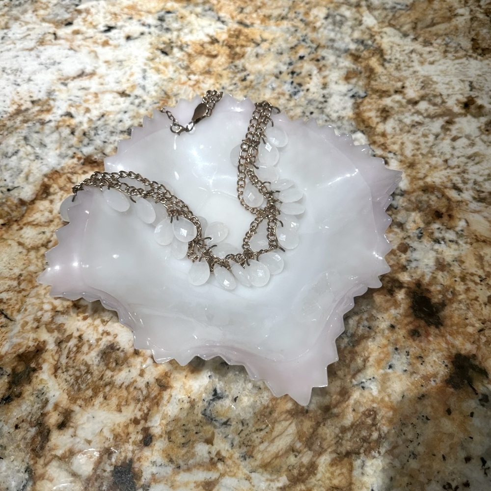 Milk Glass Pink Ruffled Jewelry Dish